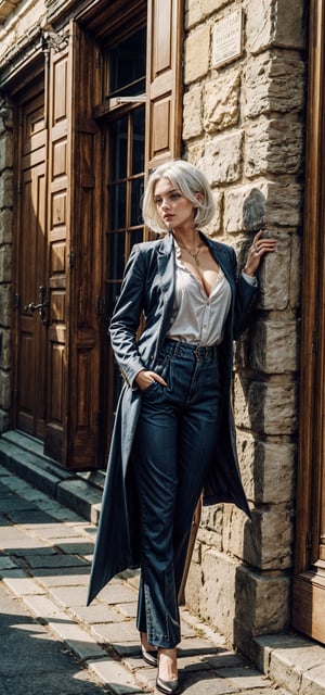 beautifull woman in a Svitore and in Trousers with white hair,