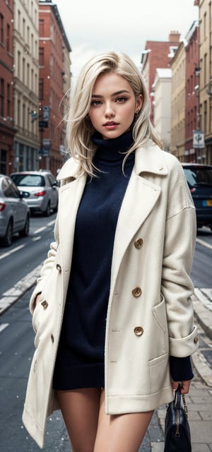 beautifull woman in a Navy blue Winter Sweaters Oversized Turtleneck Long Sleeve with white hair in the air, leather coat 