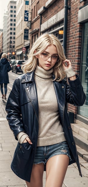 beautifull woman in a Navy blue Winter Sweaters Oversized Turtleneck Long Sleeve with white hair in the air, leather coat 