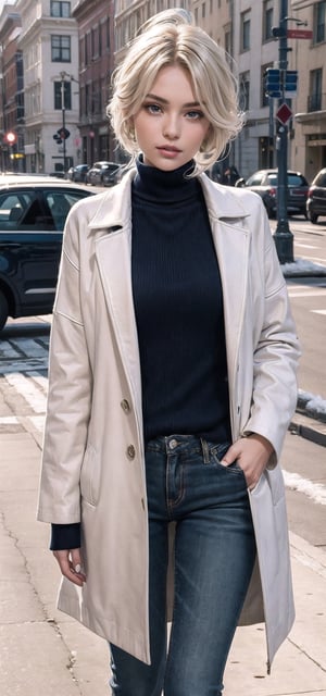 beautifull woman in a Navy blue Winter Sweaters Oversized Turtleneck Long Sleeve with white hair in the air, leather coat 