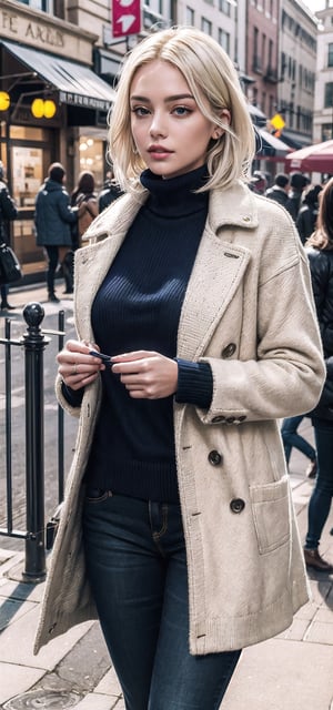 beautifull woman in a Navy blue Winter Sweaters Oversized Turtleneck Long Sleeve with white hair in the air, leather coat 