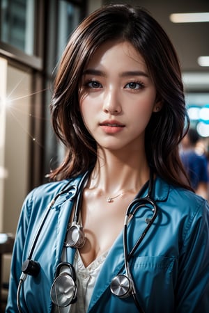 shopping mall, long black fringe hair, blue eyes, 1 busty girl, doctor,huge breasts Stethoscope on neck, smile, innocent, 100mm lens, (photorealistic, lens flare:1.4), look right side, as doctor, minir uniform, (intricate details:1.2),(masterpiece, :1.3),(best quality:1.4), (ultra highres:1.2), ultra high res, (detailed eyes), (detailed facial features), HDR, 8k resolution, (Stethoscope), far view, reflections on floor, low cut open cloth,