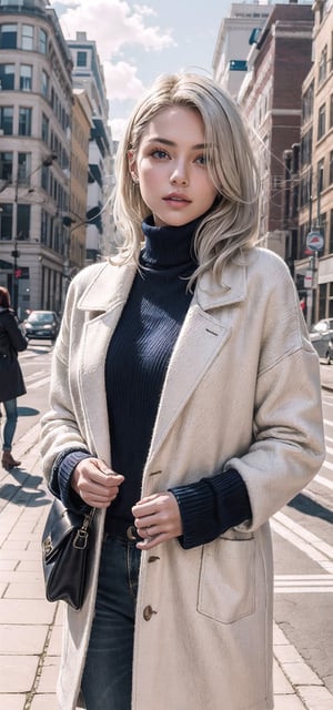 beautifull woman in a Navy blue Winter Sweaters Oversized Turtleneck Long Sleeve with white hair in the air, leather coat 