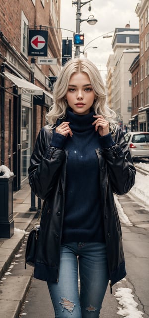 beautifull woman in a Navy blue Winter Sweaters Oversized Turtleneck Long Sleeve with white hair in the air, leather coat 