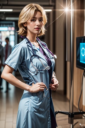 shopping mall, long blonde fringe hair, brown eyes, 1 busty girl, doctor,huge breasts Stethoscope on neck, smile, innocent, 100mm lens, (photorealistic, lens flare:1.4), look right side, as doctor, uniform, (intricate details:1.2),(masterpiece, :1.3),(best quality:1.4), (ultra highres:1.2), ultra high res, (detailed eyes), (detailed facial features), HDR, 8k resolution, (Stethoscope), far view, reflections on floor, low cut open cloth,
