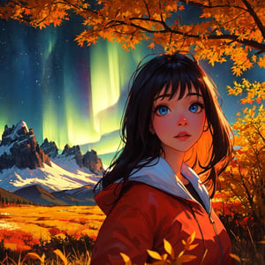 Ultra realistic photo, young woman with beautiful blue eyes looking at the viewers, outdoor hiking on a mountian, autumn season, there is a huge bear far way in the background, fantasy landscape with neon northern lights