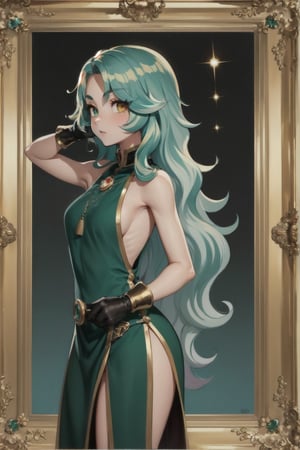 1girl, solo, (wavy hair:1.4), ((pulled back)), (((two-tone hair, multicolor, jade-colored hair, gold-colored hair))), heterochromia, ((golden eye, jade eye)), thick eyebrows, talismans, clothes with talismans, long dress, thigh-high neckline, gloves, (gold frame), sparkle effect