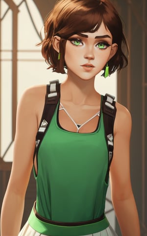 girl, short hair, brown hair, green eyes, piercing in the ears, dress with straps,sneakers, 8k