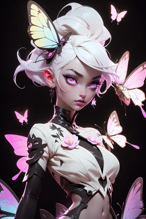 1girl, fantasy style, short white hair, hair laid back, pale skin, cadaverous skin color, eyeliner, thick eyebrows, flowers on eyes, bright pink eyes, luminous eyes, without pupils, glazed look, (black liquid background:1.5), black hole in stomach, (butterflies on stomach:1.4), best quality, (masterpiece:1.3), illustration, beautiful detailed face, beautiful detailed skin, complex details, overdetalization, dynamic pose, (detailed:1.3), dresser:-0.7