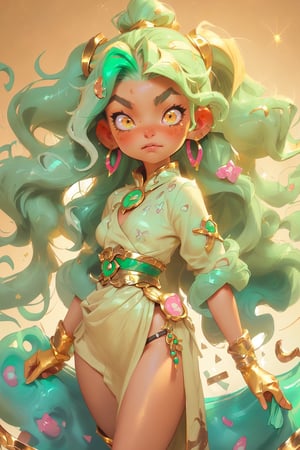 1girl, solo, (wavy hair:1.4), ((pulled back)), (((two-tone hair, multicolor, jade-colored hair, gold-colored hair))), heterochromia, ((golden eye, jade eye)), thick eyebrows, talismans, clothes with talismans, long dress, thigh-high neckline, gloves, sparkle effect