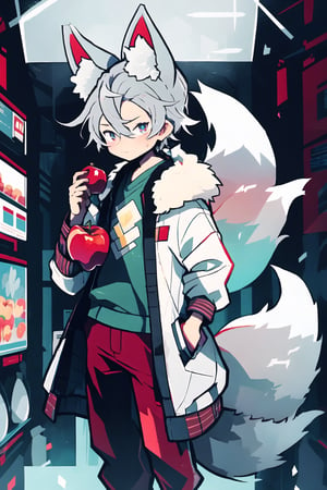 Fox boy, holding an apple in his hand, looking at the apple, very fluffy tail and ears, high image, vertical pupils, sly look