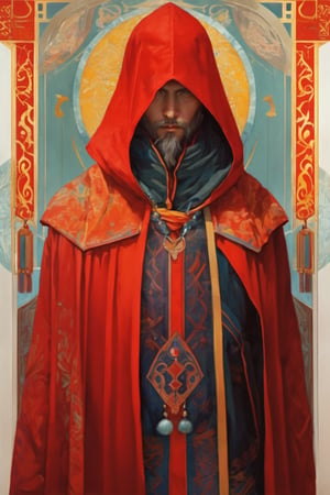 male, essence, faceless, tall, scarlet eyes, cloak, hood, cultist clothing, red clothing, yellow scarf, 32k, intricate details, highest resolution, hieroglyphics, final fantasy game character full body design, full body shot, in the style of alfons mucha, late 19th-century art style, vivid delicate watercolors, texture paints, symmetry, fantasy vibe, painting by miho hirano,painting by jakub rozalski