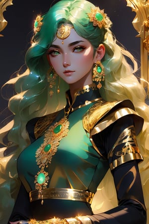 1girl, solo, (wavy hair:1.4), ((pulled back)), (((two-tone hair, multicolor, jade-colored hair, gold-colored hair))), heterochromia, ((golden eye, jade eye)), thick eyebrows, talismans, clothes with talismans, long dress, thigh-high neckline, gloves, (gold frame), sparkle effect
