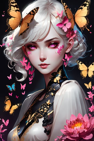 1girl, fantasy style, short white hair, hair laid back, pale skin, cadaverous skin color, eyeliner, thick eyebrows, flowers on eyes, bright pink eyes, luminous eyes, without pupils, glazed look, (black liquid background:1.5), black hole in stomach, (butterflies on stomach:1.4), best quality, (masterpiece:1.3), illustration, beautiful detailed face, beautiful detailed skin, complex details, overdetalization, dynamic pose, (detailed:1.3), dresser:-0.7