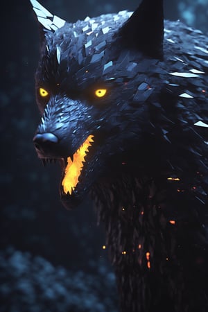 female creature, raven/werewolf hybrid, glowing eyes, digital illustration,shards