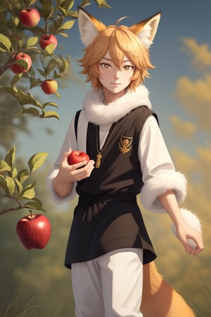 Fox boy, holding an apple in his hand, looking at the apple, very fluffy tail and ears, high image, vertical pupils, sly look