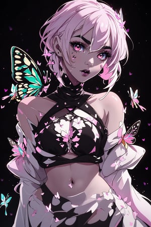 1girl, fantasy style, short white hair, hair laid back, pale skin, cadaverous skin color, eyeliner, thick eyebrows, flowers on eyes, bright pink eyes, luminous eyes, without pupils, glazed look, (black liquid background:1.5), black hole in stomach, (butterflies on stomach:1.4), best quality, (masterpiece:1.3), illustration, beautiful detailed face, beautiful detailed skin, complex details, overdetalization, dynamic pose, (detailed:1.3), dresser:-0.7