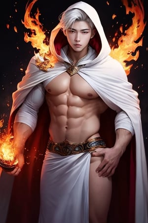realistic, masterpiece, intricate details, detailed background, depth of field, muscular, photo of a handsome wizard, (young corean man with k-pop idol look), 25yo, (short white hair), voluptuous crotch, fire spell, Wizard, wears a long hooded cape