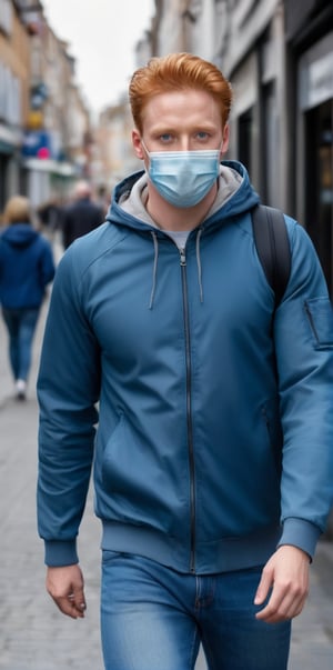 Imagine the following scene:

A beautiful man, full body shot, zoom out. 

He is walking down a busy street.

He is wearing a medical mask, a hooded jacket, and jeans. sports shoes. Medical mask on his face, the mask covers his mouth.

The man is from Ireland, ginger hair, freckles, pale skin. Average body, 28yo, very light and bright blue eyes. 

Walking happy, carefree, dynamic pose. Arms in jacket pockets

(photorealistic), masterpiece: 1.5, beautiful lighting, best quality, beautiful lighting, realistic and natural image, intricate details, everything in focus, perfect focus, photography, masterpiece. small nuances, supreme resolution, 32K, ultra-sharp, superior quality details, realistic and complex, perfect proportions, perfect hands, perfect feet.