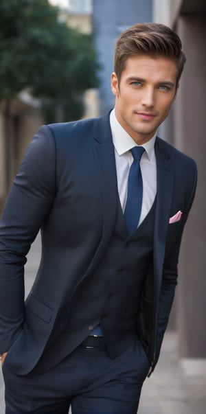Imagine the following scene.

Realistic photography of a beautiful man. Half body shot.

The man outdoors.

The man is standing, walking with style and confidence.

Wearing a black suit. (((The jacket has white lines))).

The man is muscular, with thick, defined legs. Very clear and large blue eyes. Short brown hair, blush, full, pink lips. Angular face, long eyelashes. 30yo, from Peru.

Falling, looking at the camera mischievously, discreet smile.

(photorealistic), masterpiece: 1.5, beautiful lighting, best quality, beautiful lighting, realistic and natural image, intricate details, everything in sharp focus, perfect focus, photography, masterpiece, meticulous nuances, supreme resolution, 32K, ultra-sharp, quality Details superior, realistic and complex, perfect proportions, perfect hands, perfect feet.