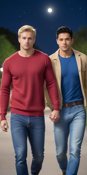 Imagine the following scene. Realistic photography of a beautiful man couple, a man and a man holding hands. Full body shot. They walk through a park at night. A great starry sky and a moon illuminate the path. The first man is blonde, muscular, 30yo, blue eyes. He wears jeans and a blue sweater. The second man is Latino, he has short, straight black hair. He wears a red sweater and jean shorts. They walk hand in hand, there is love in the scene. (photorealistic), masterpiece: 1.5, beautiful lighting, best quality, beautiful lighting, realistic and natural image, intricate details, everything in focus, perfect focus, photography, masterpiece. , small nuances, supreme resolution, 32K, ultra-sharp, superior quality details, realistic and complex, perfect proportions, perfect hands, perfect feet.