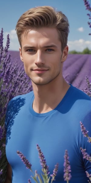 Imagine the following scene.

In a lavender field, the flowers very tall and violet, very beautiful, at sunset.

In the middle of the lavender field a beautiful man standing.

The man is from Germany, hair with yellow highlights, muscular, full and red lips, 28yo, very light and bright blue eyes, big eyes, long eyelashes.

He wears blue lycra pants. blue sweater blue sports shoes.

He has a dynamic pose, a friendly smile, he puts his hands on his waist.

The shot is wide, full body, to capture the details of the scene. best quality, 8K, high resolution, masterpiece), HD, 3D face