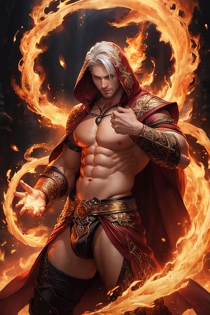 realistic, masterpiece, intricate details, detailed background, depth of field, muscular, photo of a handsome wizard, (young corean man with k-pop idol look), 25yo, (blonde and white hair), voluptuous crotch, fire spell, Wizard, wears a long hooded cape, Sexy Muscular, The thong shows a large,detailmaster2,aw0k magnstyle,Pectoral Focus,pyromancer