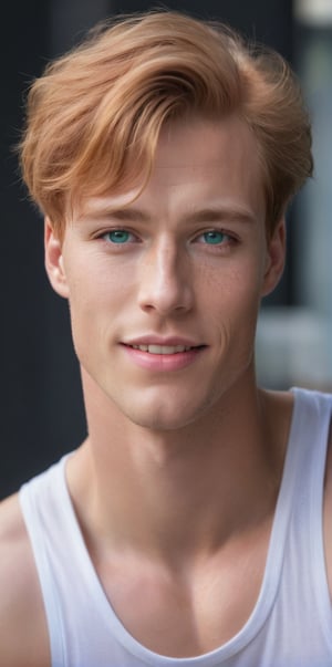 Imagine the following scene. Realistic photography of a beautiful man. Half body shot. Posing to the camera. he is a professional model. Smile. He wears a white sleeveless t-shirt. The man is African American, pale skin, ginger hair, straight hair. short, gelled hair, aqua green eyes, clear and bright eyes, full and pink lips, blush. Long eyelashes, bangs on the forehead. ((Many freckles on the face)) Instagram photography. Blurred black background. (photorealistic), masterpiece: 1.5, beautiful lighting, best quality, beautiful lighting, realistic and natural image, intricate details, everything in focus, perfect focus, photography, masterpiece. , small nuances, supreme resolution, 32K, ultra-sharp, superior quality details, realistic and complex, perfect proportions, perfect hands, perfect feet.