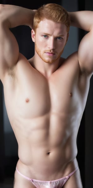 
Imagine the following scene.

Realistic photography of a beautiful man. Full body shot.

He is in a very dark room. Blurred background.

Wearing a transparent plastic bikini, plastic vest, large and voluptuous crotch.

The man is from Ireland, 30yo, with a muscular body, clear and large eyes. Short hair, freckles on the face. ginger, blush, full and pink lips. Round face, long eyelashes. 
 
Standing, in the center of the shot, legs open, hands behind the head. 

(photorealistic), masterpiece: 1.5, beautiful lighting, best quality, beautiful lighting, realistic and natural image, intricate details, everything in sharp focus, perfect focus, photography, masterpiece, meticulous nuances, supreme resolution, 32K, ultra-sharp, quality Details superior, realistic and complex, perfect proportions, perfect hands, perfect feet.