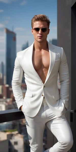 Imagine the following scene:

Photograph of a beautiful man. Full body shot.

The man is on a terrace of a very tall building. You can see a great city, very cosmopolitan.
 
The man wears white leather shorts. A big white leather coat, white leather boots. White sunglasses.

The man is from Russia, dark skin, 30yo, muscular, masculine, very light brown hair, short hair. large and voluptuous crotch.

Standing, dynamic pose, combat pose. Serious.

(photorealistic), masterpiece: 1.5, beautiful lighting, best quality, beautiful lighting, realistic and natural image, intricate details, everything in sharp focus, perfect focus, photography, masterpiece, meticulous nuances, supreme resolution, 32K, ultra-sharp, quality superior, realistic and complex details, perfect proportions, perfect hands, perfect feet.