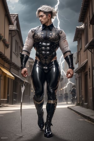realistic, masterpiece, intricate details, detailed background, depth of field, muscular, photo of a handsome (young corean man with k-pop idol look), 25yo,  wearing latex collared shirt, shiny latex, fighting stance, dynamic pose, walking, thongs, full body portrait, black boots, holding a bow, with arrows on the back, in the street of a medieval town, (short white hair), It has a touch of mystery and magic, dark clouds, and lightning falling to the ground. voluptuous crotch, The thong shows a large, erect penis