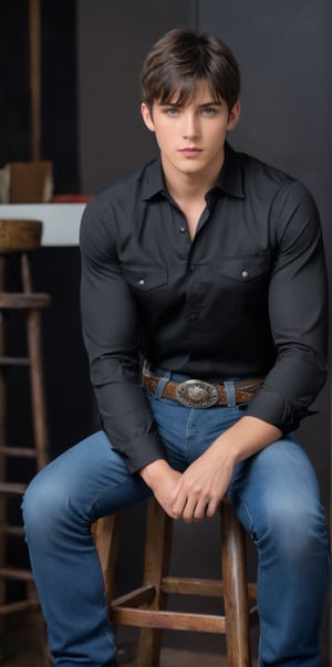 1boy, male_child, hansome, solo, looking at viewer, short hair, bangs, blue eyes, simple background, brown hair, shirt, black hair, long sleeves, white shirt, cowboy shot, belt, pants, denim, black background, jeans, realistic, sitting on barstool chair in the middle of the room