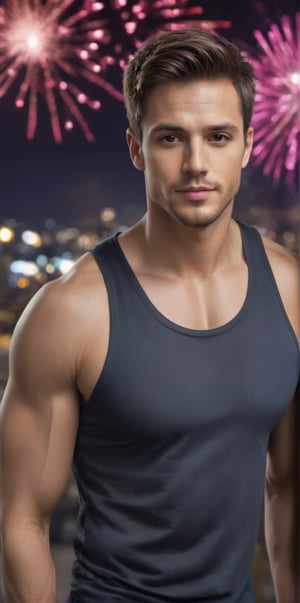 Imagine the following scene.

Realistic photography of a beautiful man. Full body shot.

It's night, in the background there are fireworks in the sky. Blurred background.

The man is standing up.

Wearing a black sleeveless t-shirt, jeans. Black sports shoes. She has earrings, and men's jewelry, a chain on her chest.

The man is muscular, with thick, defined legs. Clear and big eyes. Short hair, blush, full and pink lips. Angular face, long eyelashes. 40yo, from Holland.

Discreet smile. Mischievous look.

(photorealistic), masterpiece: 1.5, beautiful lighting, best quality, beautiful lighting, realistic and natural image, intricate details, everything in sharp focus, perfect focus, photography, masterpiece, meticulous nuances, supreme resolution, 32K, ultra-sharp, quality Details superior, realistic and complex, perfect proportions, perfect hands, perfect feet.