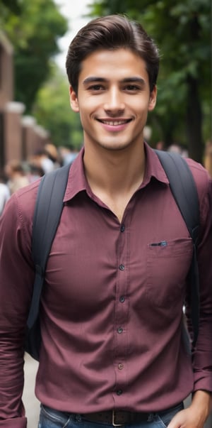 
Imagine the following scene:

Realistic photograph of a man. Full body shot.

The man is a university student.

He wears a red shirt, jeans, sports shoes, and carries a bag on his back.

The man is from Colombia, 20yo, masculine, brown eyes, average body. Big, bright eyes, full, pink lips. Brown hair.

Walk around the university. He smiles, he is happy walking.

(photorealistic), masterpiece: 1.5, beautiful lighting, best quality, beautiful lighting, realistic and natural image, intricate details, everything in focus, perfect focus, photography, masterpiece. small nuances, supreme resolution, 32K, ultra-sharp, superior quality details, realistic and complex, perfect proportions, perfect hands, perfect feet.