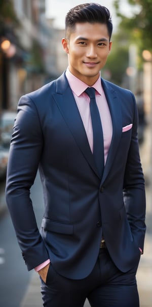 Imagine the following scene.

A beautiful man. Full body shot.

Outdoor. Blurred background.

He's wearing a navy blue tuxedo jacket, showing off his beefy chest, ((no shirt)). Dark blue pants.

The man is from Asia, 30yo, muscular, big bright eyes. short white hair, full pink lips, masculine.

He is walking down the street with confidence, he smiles discreetly, he has a captivating look.

(photorealistic), masterpiece: 1.5, beautiful lighting, best quality, beautiful lighting, realistic and natural image, intricate details, everything in focus, perfect focus, photography, masterpiece. small nuances, supreme resolution, 32K, ultra-sharp, superior quality details, realistic and complex, perfect proportions, perfect hands, 