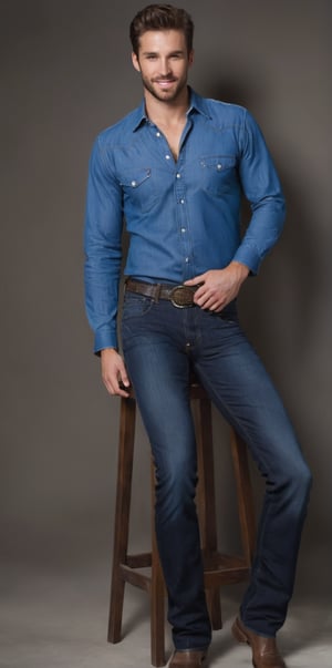
Imagine the following scene:

Photograph of a beautiful man. Full body shot.

1 man, 30 years old, hansome, alone, looking at viewer, short hair, blue eyes, simple background, brown hair, shirt, black hair, long sleeves, white shirt, cowboy shot, belt, pants, denim, black background, jeans.

The man is sitting on a stool in the middle of the room. 

Showing his big, hairy chest, open shirt, discreet smile

(photorealistic), masterpiece: 1.5, beautiful lighting, best quality, beautiful lighting, realistic and natural image, intricate details, everything in sharp focus, perfect focus, photography, masterpiece, meticulous nuances, supreme resolution, 32K, ultra-sharp, quality superior, realistic and complex details, perfect proportions, perfect hands, perfect feet.