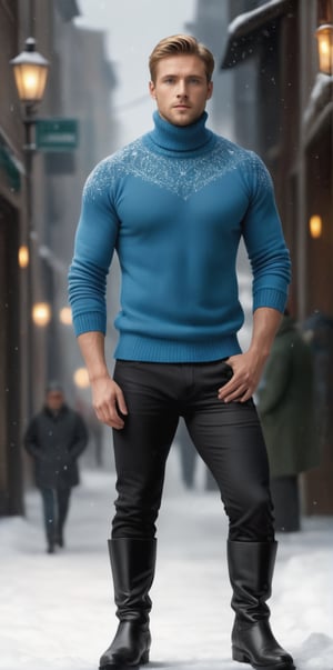 Imagine the following scene:

Full body photograph of a beautiful man.

Wearing a turtleneck, knitted sweater, very warm. Jean. Black boots.

The man is from Russia, 35 years old, muscular, short blonde hair, very light and bright blue eyes, big eyes. 

Standing in the middle of a snow storm. Serious
 
(photorealistic), masterpiece: 1.5, beautiful lighting, best quality, beautiful lighting, realistic and natural image, intricate details, all in sharp focus, perfect focus, photography, masterpiece, meticulous nuances, supreme resolution, 32K, ultra-sharp, Superior Quality, realistic and complex details, perfect proportions, perfect hands, perfect feet.,Fantasy ,vector,Masterpiece,xxmixgirl,photorealistic,real,art