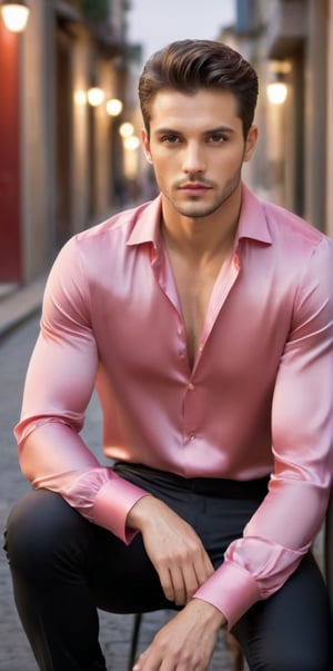 Imagine the following scene.

Realistic photography of a beautiful man. Full body shot.

He is sitting walking safely down a very narrow street at night. Blurred background.

Wearing a long-sleeved red silk and lace shirt, transparent shirt, black pants. Black shoes.

The man is from Italy, 30yo, average body, clear and large eyes. Short hair, blush, full and pink lips. Round face, long eyelashes. 
 
walks confidently, dynamic pose. 

(photorealistic), masterpiece: 1.5, beautiful lighting, best quality, beautiful lighting, realistic and natural image, intricate details, everything in sharp focus, perfect focus, photography, masterpiece, meticulous nuances, supreme resolution, 32K, ultra-sharp, quality Details superior, realistic and complex, perfect proportions, perfect hands, perfect feet.