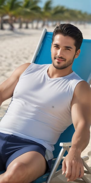 Imagine the following scene. A beautiful man. Full body shot. Long shot. The man sitting in a beach chair. It is on a beautiful beach. It is outdoors, blurred background. He wears a white sleeveless t-shirt. swim shorts sandals. The man is Arab, fat, fat face, 28yo, black hair, thick leg. Legs open. Light blue eyes, straight hair, short hair, full and pink lips. Sitting. Smile. (photorealistic), masterpiece: 1.5, beautiful lighting, best quality, beautiful lighting, realistic and natural image, intricate details, everything in focus, perfect focus, photography, masterpiece. , small nuances, supreme resolution, 32K, ultra-sharp, superior quality details, realistic and complex, perfect proportions, perfect hands, perfect feet.