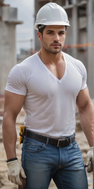 Imagine the following scene:

Realistic photograph of a man. Full body shot.

The man is a construction worker.

He wears a construction helmet, jeans, open white shirt, showing his beefy chest.

The man is from Panama, 30yo, masculine, brown eyes, muscular. Big, bright eyes, full, pink lips.

He walks through the work, with a plan in his hands. Look at the plan.

(photorealistic), masterpiece: 1.5, beautiful lighting, best quality, beautiful lighting, realistic and natural image, intricate details, everything in focus, perfect focus, photography, masterpiece. small nuances, supreme resolution, 32K, ultra-sharp, superior quality details, realistic and complex, perfect proportions, perfect hands, perfect feet.