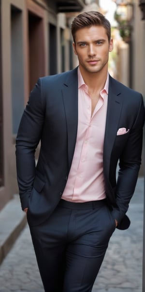 Imagine the following scene.

Realistic photography of a beautiful man. (((Full body shot))).

The man outdoors.

The man is standing, walking with style and confidence.

Wearing a black suit with very fine white lines.

The man is muscular, with thick, defined legs. Very clear and large blue eyes. Short brown hair, blush, full, pink lips. Angular face, long eyelashes. 30yo, from Peru.

Falling, looking at the camera mischievously, discreet smile.

(photorealistic), masterpiece: 1.5, beautiful lighting, best quality, beautiful lighting, realistic and natural image, intricate details, everything in sharp focus, perfect focus, photography, masterpiece, meticulous nuances, supreme resolution, 32K, ultra-sharp, quality Details superior, realistic and complex, perfect proportions, perfect hands, perfect feet.