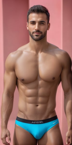 
Imagine the following scene:

Realistic full-length photograph of a beautiful man. ((Full body shot))

Neon red background. blurred background

Wearing a black bikini, white tank top, white sports shoes.

Looking at the camera, discreet smile. Dynamic posture. standing. dynamic pose

The man is from arab, 30 years old, big eyes, shiny blue eyes, full and pink lips, blushing.  short brown hair, muscular body, dark skin, (((very chest hair)))

(photorealistic), masterpiece: 1.5, beautiful lighting, best quality, beautiful lighting, realistic and natural image, intricate details, everything in sharp focus, perfect focus, photography, masterpiece, meticulous nuances, supreme resolution, 32K, ultra-sharp, quality Details superior, realistic and complex, perfect proportions, perfect hands, perfect feet.