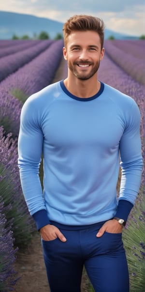 Imagine the following scene.

In a lavender field, the flowers very tall and violet, very beautiful, at sunset.

In the middle of the lavender field a beautiful man standing.

The man is from Germany, hair with yellow highlights, muscular, full and red lips, 28yo, very light and bright blue eyes, big eyes, long eyelashes.

He wears blue lycra pants. blue sweater blue sports shoes.

He has a dynamic pose, a friendly smile, he puts his hands on his waist.

The shot is wide, full body, to capture the details of the scene. best quality, 8K, high resolution, masterpiece), HD, 3D face