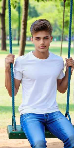 Imagine the following scene.

In a park, with many people walking. With many tall trees.

In a tree a handsome young man is sitting on a swing. The swing is attached to one of the thick branches of the tree.

The man is from Honduras. He has very light and bright blue eyes, big eyes, long eyelashes, full red lips, and muscular. 18yo.

He is sitting on the swing with a calm and carefree expression, he is swinging on the swing.

Wear casual clothes, white shirt, jeans, sports shoes.

The shot is wide to capture the details of the scene, best quality, 8K, high resolution, masterpiece, HD, perfect proportions, perfect hands.