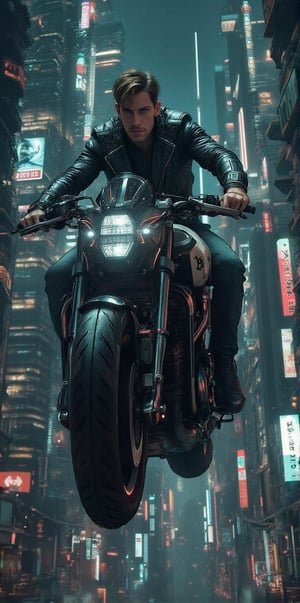 Imagine the following scene: Imagine a beautiful professional photograph of a beautiful man., a beautiful man riding a big motorcycle from the future. close up shot. The motorcycle is futuristic, it is very large, with many details, the motorcycle flies, it is black with neon lights between its gears. The man is Spanish, 20 years old, muscular, with light brown hair and very light honey-colored eyes. Long eyelashes. Provocative lips. The man is wearing jeans and a leather jacket. The man drives the big flying motorcycle through a city, he is flying. The very futuristic city with many very tall buildings. It's night, many lights in the buildings. The image is zoomed out to be able to notice the man and the details of the city of the future.