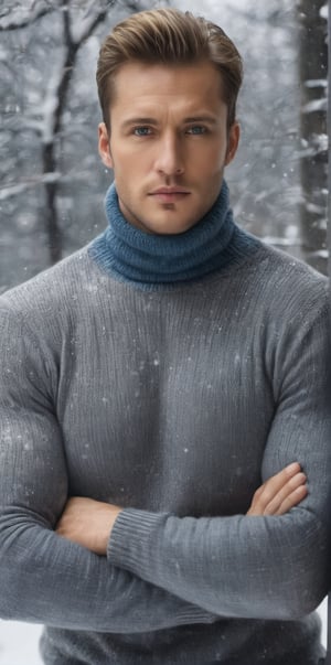 Imagine the following scene:

Full body photograph of a beautiful man.

Wearing a turtleneck, knitted sweater, very warm. Jean. Black boots.

The man is from Russia, 35 years old, muscular, short blonde hair, very light and bright blue eyes, big eyes. 

Standing in the middle of a snow storm. Serious
 
(photorealistic), masterpiece: 1.5, beautiful lighting, best quality, beautiful lighting, realistic and natural image, intricate details, all in sharp focus, perfect focus, photography, masterpiece, meticulous nuances, supreme resolution, 32K, ultra-sharp, Superior Quality, realistic and complex details, perfect proportions, perfect hands, perfect feet.,Fantasy ,vector,Masterpiece,xxmixgirl,photorealistic,real,art
