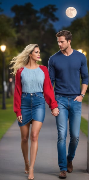 Imagine the following scene. Realistic photography of a beautiful couple, a man and a woman holding hands. Full body shot. They walk through a park at night. A great starry sky and a moon illuminate the path. The man is blonde, muscular, 30yo, blue eyes. He wears jeans and a blue sweater. The woman is Latina, she has very long and straight black hair. She wears a red sweater and jean skirt. They walk hand in hand, there is love in the scene. (photorealistic), masterpiece: 1.5, beautiful lighting, best quality, beautiful lighting, realistic and natural image, intricate details, everything in focus, perfect focus, photography, masterpiece. , small nuances, supreme resolution, 32K, ultra-sharp, superior quality details, realistic and complex, perfect proportions, perfect hands, perfect feet.