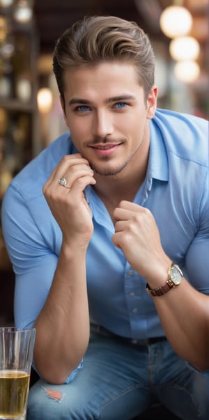 
Imagine the following scene:

A beautiful and masculine man. The shot is full-length and zoomed out to notice the details of the scene.

The man is inside a bar, he is celebrating, he is very happy. 

Wearing a blue shirt with small heart designs. Jeans and sports shoes.

He is a muscular man, he is from Venezuela. 25yo. big and bright blue eyes. Full and red lips. Very light brown hair. Wear men's jewelry, earrings.

Dynamic pose, has fun.

(photorealistic), masterpiece: 1.5, beautiful lighting, best quality, beautiful lighting, realistic and natural image, intricate details, everything in sharp focus, perfect focus, photography, masterpiece, meticulous nuances, supreme resolution, 32K, ultra-sharp, quality Details superior, realistic and complex, perfect proportions, perfect hands, perfect feet.

