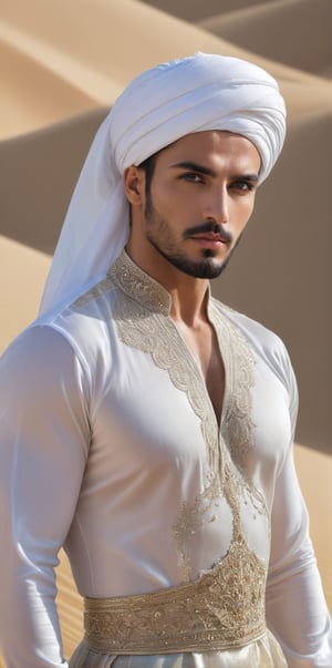 Imagine the following scene:

Photograph of a beautiful man. Full body shot.

The man is on a big dune in the desert, a lot of shiny sand, it's very hot.

The man wears a thawb of transparent silk, the thawb of lace. You can see the beautiful and muscular silhouette of the man 

The man is from Iran, 30yo, muscular, big and bright blue eyes. He wears a silk and lace turban. Masculine, full and red lips. Blush.   

(photorealistic), masterpiece: 1.5, beautiful lighting, best quality, beautiful lighting, realistic and natural image, intricate details, everything in sharp focus, perfect focus, photography, masterpiece, meticulous nuances, supreme resolution, 32K, ultra-sharp, quality superior, realistic and complex details, perfect proportions, perfect hands, perfect feet.