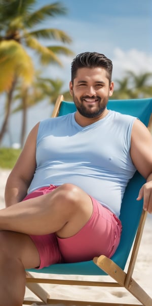 Imagine the following scene. A beautiful man. Full body shot. Long shot. The man sitting in a beach chair. It is on a beautiful beach. It is outdoors, blurred background. He wears a white sleeveless t-shirt. swim shorts sandals. The man is Arab, fat, fat face, 28yo, black hair, thick leg. Legs open. Light blue eyes, straight hair, short hair, full and pink lips. Sitting. Smile. (photorealistic), masterpiece: 1.5, beautiful lighting, best quality, beautiful lighting, realistic and natural image, intricate details, everything in focus, perfect focus, photography, masterpiece. , small nuances, supreme resolution, 32K, ultra-sharp, superior quality details, realistic and complex, perfect proportions, perfect hands, perfect feet.